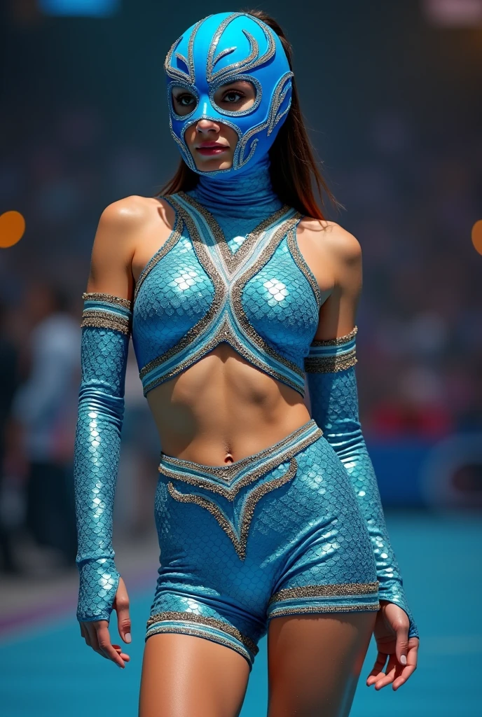 Two-piece electric blue women's Mexican wrestling suit (top y short) with decorations alluding to a mermaid(Scales) and shapes in gold and silver color, A bright blue wrestling mask also with gold and silver designs, A blue buccaneer stocking with a unique design, The design of the entire suit should be in the typical shapes of Mexican wrestling