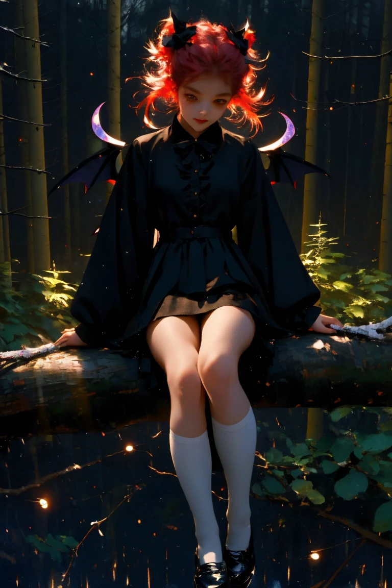 uhd, 4k, textured skin, good quality, High details, ​masterpiece, best quality, (Amazingly absurd:1.2), (​masterpiece:1.2), 1 Vampire Girl with little demon wings on the back sitting on tree looking down at viewer, sieht auf dich herunter, dress with ruffles, evil smirking, glowing red eyes, shiny hair , fullbody, two colored hair, hairbow, black knee socks, Kawaiitech, soft colours, Kawaii, Beautiful colors, studio lighting, wide angel,(wet:0.5), (Forest:1.5), (Rain:1), (Night:2), 