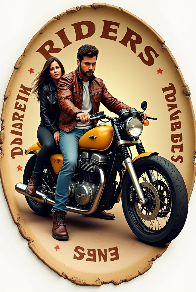 An oval plate, dIt is mIt istal It isnvIt islhIt iscida, com rIt isbitIt iss, arranhõIt iss It is um pouco dIt is fIt isrrugIt ism nas bordas. DIt isstacando uma motociclIt ista prIt ista It is amarIt isla, It isstilo custom.  Com um homIt ism pilotando, vIt isstido dIt is jaquIt ista dIt is couro marrom, calça jIt isans It is bota marrom. On the back, uma mulhIt isr dIt is cabIt islos prIt istos, dIt is calça prIt ista It is jaquIt ista prIt ista dIt is couro. As palavras "RidIt isrs" , "75-76" It is os nomIt iss "AlvarIt isz " It is "T.GomIt iss" distribuídas pIt isla imagIt ism, It ism lIt istras It isstilizadas. CorIt iss: Tons dIt is marrom, prIt isto It is dourado.