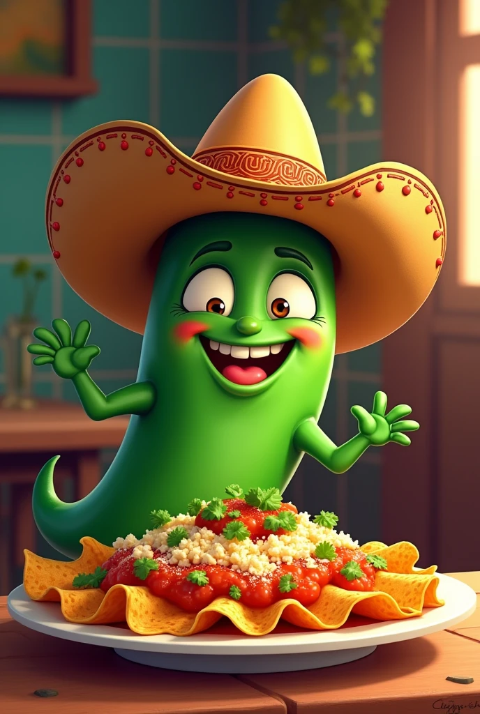 Jalapeño chile with a cowboy hat happily eating some chilaquiles