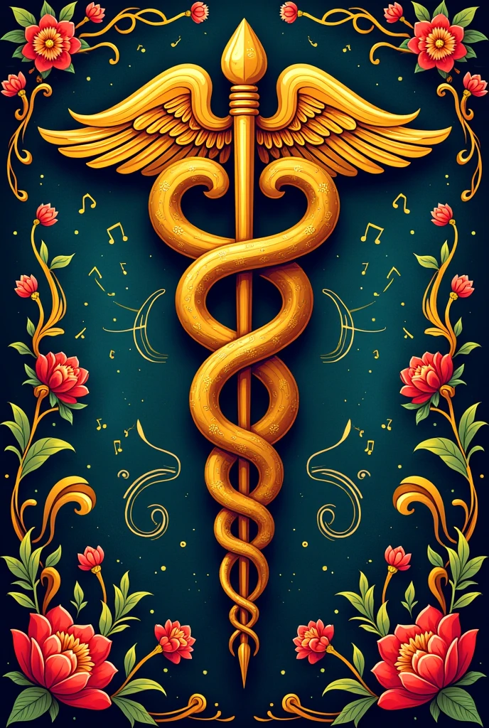 I want you to develop a logo that links medicine and brass music. I want it to have the style of Mexican band groups with many details related to music. 