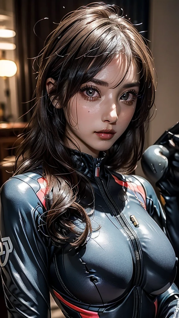 ((Highest quality:1.2)), ((masterpiece: 1.0)), (realistic:1.2),((Beautiful face:1.4)),( Highly detailed lips, Detailed eyes, double eyelid),((Upper Body:1.6)), ((Wearing a plug suit:1.6)), 1 female, Short bob woman, One mole on the Natural big breast:1.4