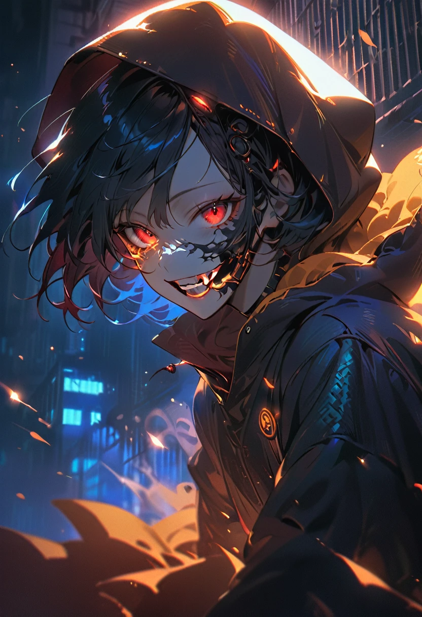 A shadowy character wearing a dark hooded jacket and a face covered by a glowing mask with a terrifying pattern of red eyes and a sinister smile in the form of glowing white stitching.. He is sitting in a relaxed manner in front of a metal fence, with a carefree but intimidating posture. The background is dark with a blue night sky, and the lighting dramatically highlights the shine of his eyes and mouth, while little red sparks float in the air, adding a tense and urban atmosphere. The style is dark and aggressive, with a cyberpunk and vigilante aesthetic, conveying a sense of latent danger.