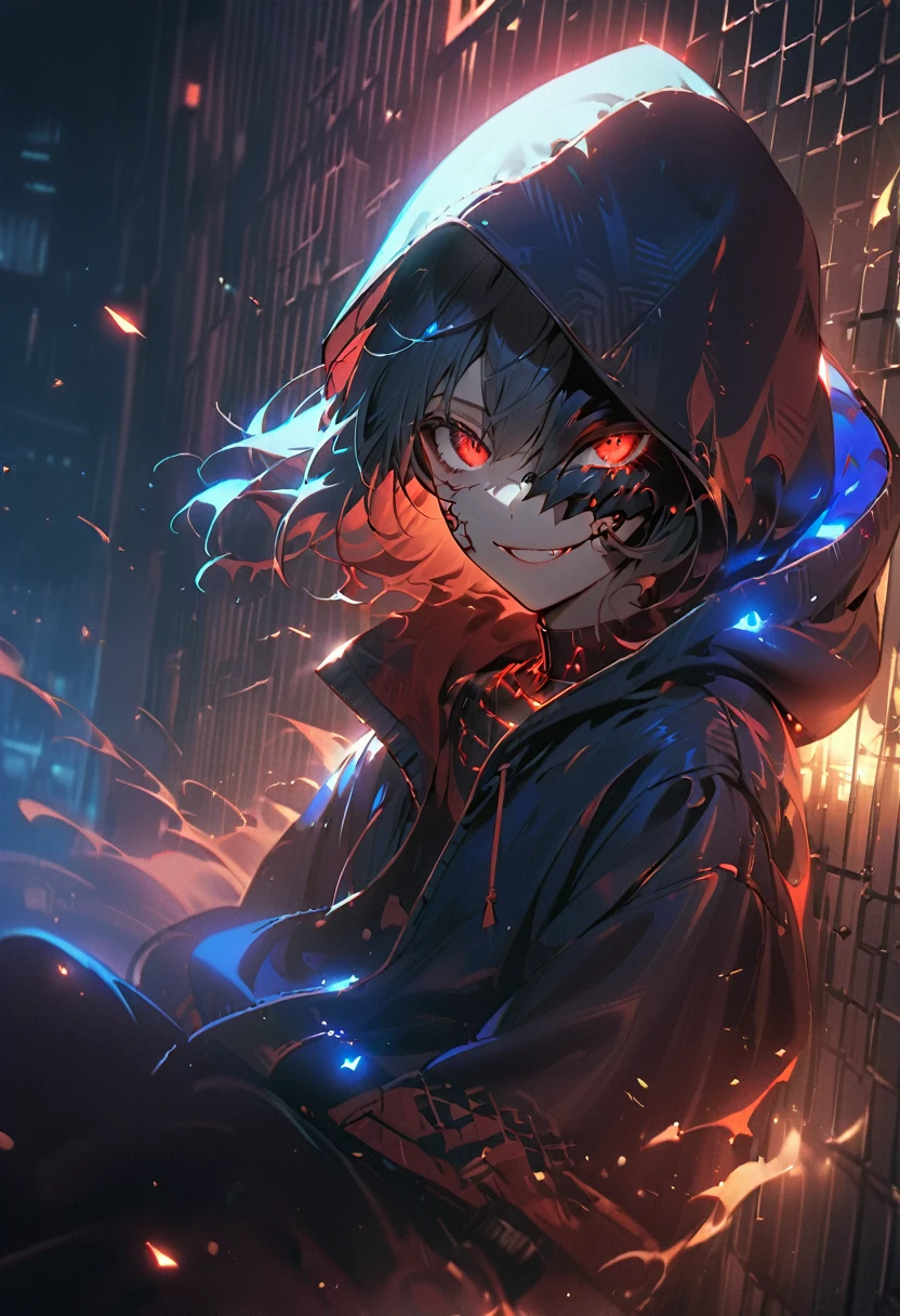 A shadowy character wearing a dark hooded jacket and a face covered by a glowing mask with a terrifying pattern of red eyes and a sinister smile in the form of glowing white stitching.. He is sitting in a relaxed manner in front of a metal fence, with a carefree but intimidating posture. The background is dark with a blue night sky, and the lighting dramatically highlights the shine of his eyes and mouth, while little red sparks float in the air, adding a tense and urban atmosphere. The style is dark and aggressive, with a cyberpunk and vigilante aesthetic, conveying a sense of latent danger.