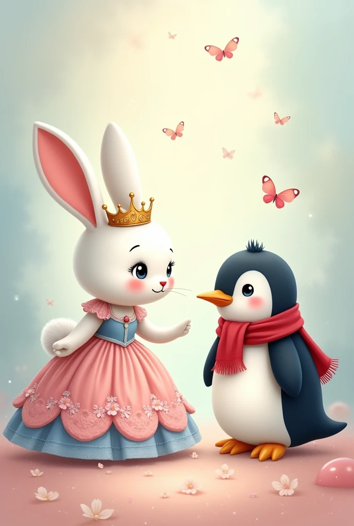 Create illustration of a white female animal bunny in a gown in soft shades of pink and blue, a crown tiara on her head talking to the penguin who is wearing a red scarf. Show them happy and interested. Fairytale atmosphere. Vector illustration. Add 2 butterflies in the background
