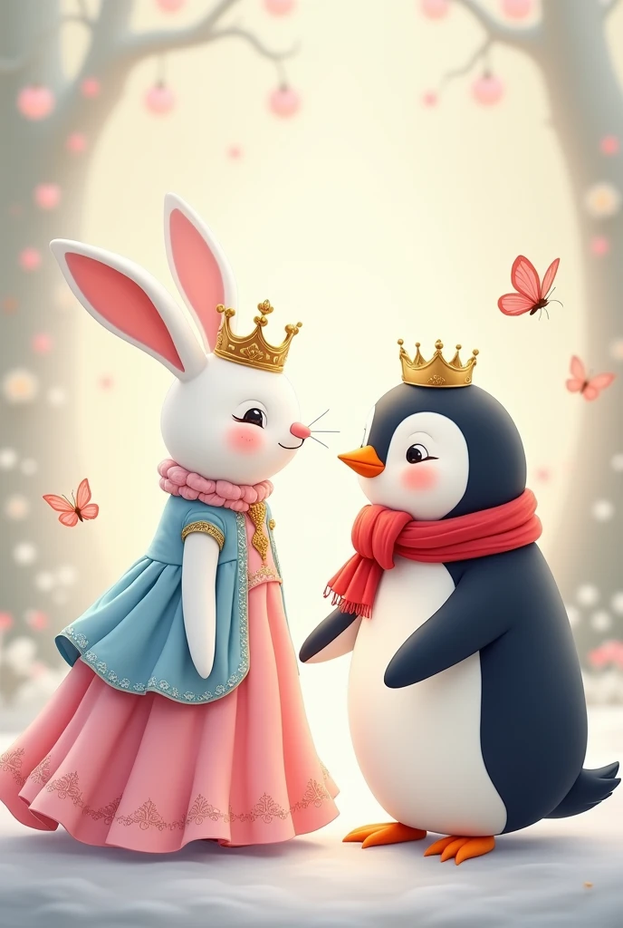 Create illustration of a white female animal  in a gown in soft shades of pink and blue, a crown tiara on her head talking to the penguin who is wearing a red scarf. Show them happy and interested. Fairytale atmosphere. Vector illustration. Add 2 butterflies in the background 