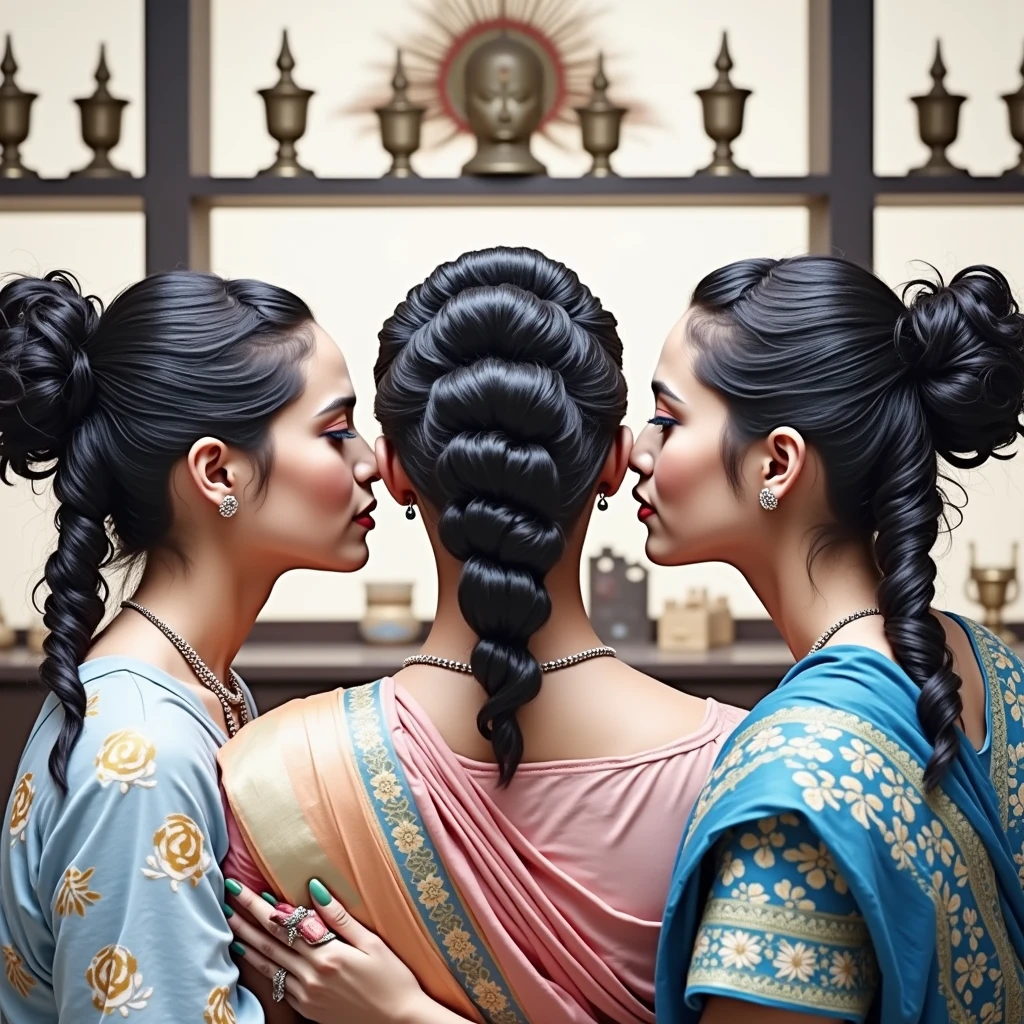 An unusual yet intriguing scene set within the sacred precincts of an ancient Indian Kali temple. Three young Indian ladies, adorned in vibrant, traditional sarees, stand out against the dark, mystical backdrop. Their unnaturally black rapunzel , 3C curly rapunzel hair, reminiscent of coiled springs, draws the eye with its inexplicable sheen and volume. Each strand seems to have been meticulously crafted by an unseen hand, coiled and coiled a million times over until it reaches a state of surreal perfection. The hair appears to have been showered with an unimaginable amount of oil, so much so that it resembles wet pulp, saturated and absorbing the light around them. The kneeled lady in the center, with her hair cascading down her back, is the focal point as her tresses shimmer and reflect like a sea of black mirrors. The other two ladies, their own hair equally as wet and oil-soaked, lean over her from behind. With a playful yet fervent expression, they begin to lick and kiss her scalp, their movements seemingly driven by an unbridled passion. This act of intimate hair worship is both mesmerizing and slightly jarring, as their thick, curly locks, like dark waterfall of springs, bounce and sway with each tender caress. The scene is suffused with an air of strange ritual, as if the very essence of the divine is being invoked through the act of grooming and adoration. Each curl is a testament to the boundless creativity of nature, while the trio's shared experience speaks to a deep-rooted bond of sisterhood and the mysterious powers of feminine unity. The image captures a moment that is at once sensual, spiritual, and eerily beautiful, leaving the viewer to ponder the story behind this peculiar tableau.