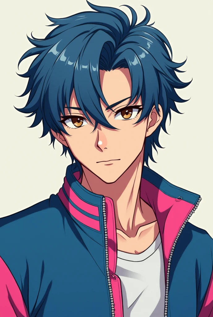 Please create me a handsome anime boy 25 years, with blue and medium-length tousled hair and a three-day beard, he wears a retro jacket (blue and pink) from the 80s, he has brown eyes. Create a high quality image that costs 6 points.