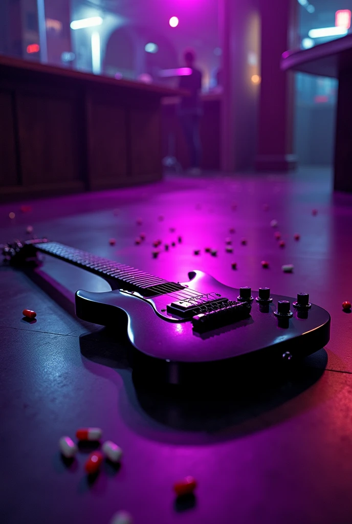 Asthetic photo of electric guitar lying on the floor of a nightclub with orange and white medicine pills on top with purple lighting and photo noise 
