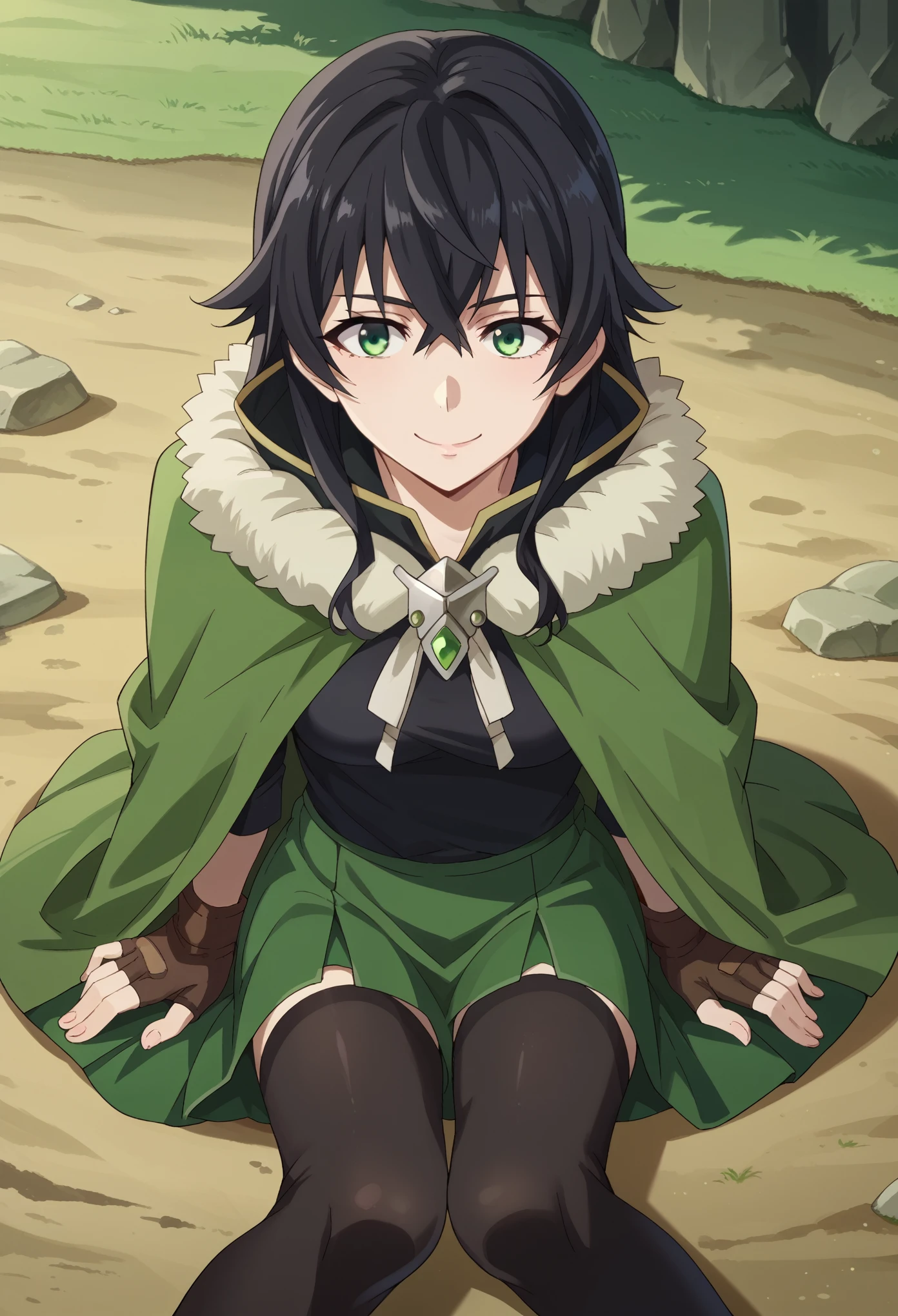 score_9, score_8_up, score_7_up, 1girl, solo, (female:1.5), female focus, iwatani naofumi, black hair, long hair, green eyes, fur trim, black shirt, green capelet, green skirt, short skirt, black thighhighs, fingerless gloves, slight smile, sitting on ground, knees up, looking at you, landscape, from above,