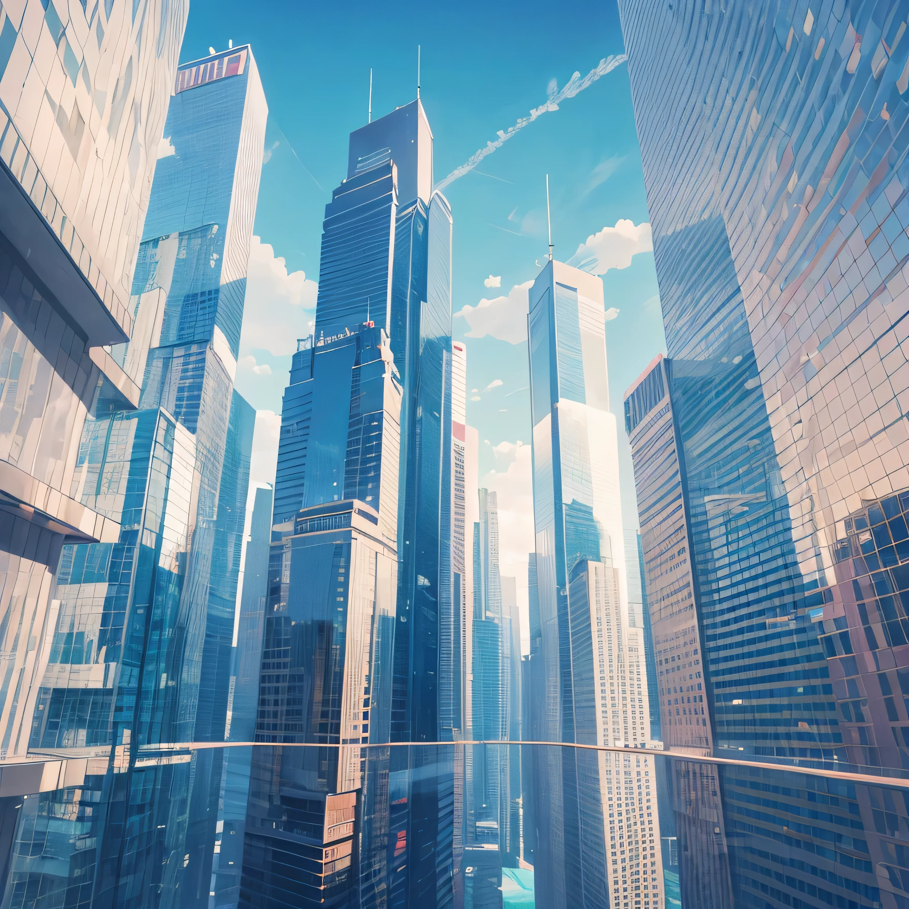 landscape, no human, looking down glass walled skyscrapers in distance, bluesky, sunshine. morning