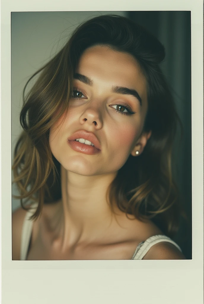 Hailee steinfeld, tilted head,18-2, brown hair, high-quality photo portrait, shot on a Polaroid camera, double eyelid --ar 34:65 --style raw
