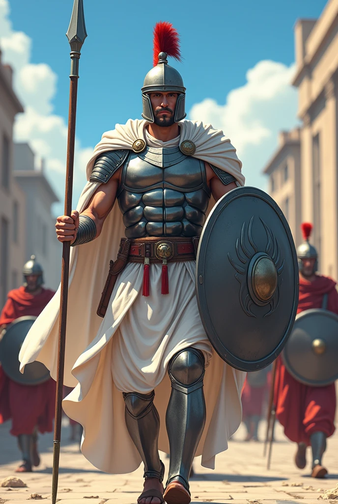 Warrior of Ancient Greece, with gray armor, ((white garments and cape)), holding a spear and a shield, leading a battalion to protect the city, ((round gray shield with claw emblem)), ((anime styling)), best qualityer, maximum detail, Face with determined expression. 