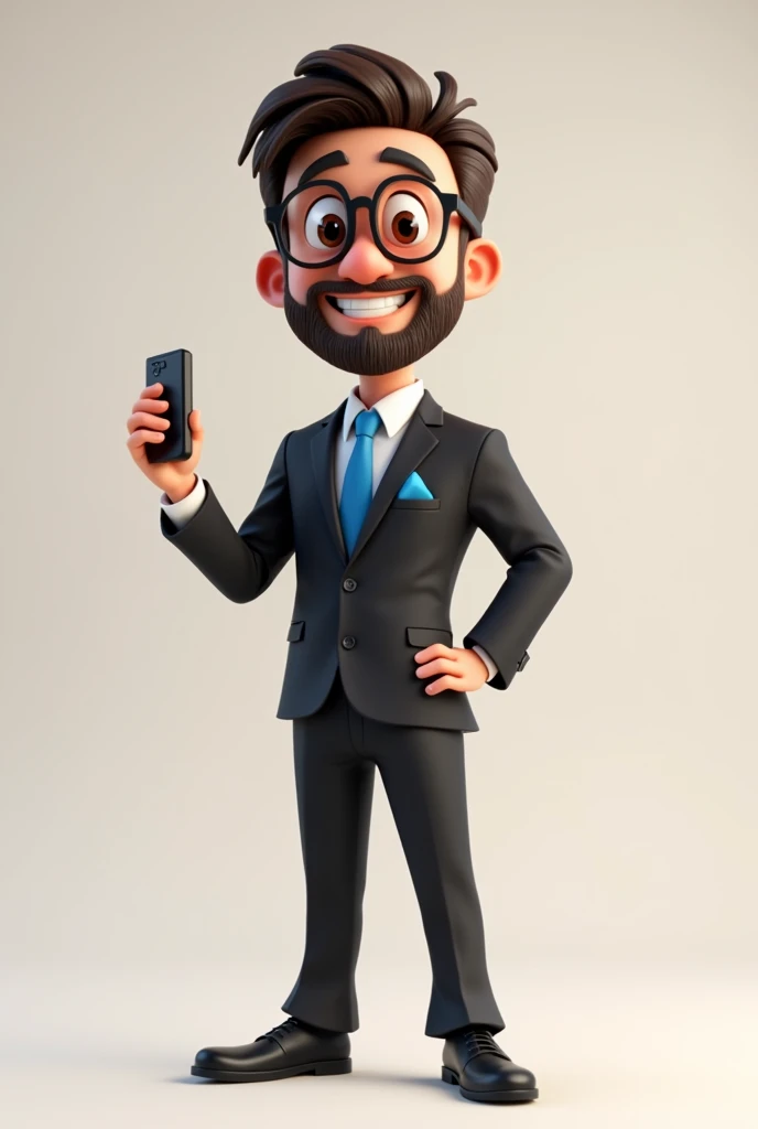 A full body 3D cartoon character. He has a friendly and charismatic appearance. The character is a young man with fair skin, dark brown hair, thick beard and eyebrows, large brown eyes and wears glasses. He is smiling confidently. The character is dressed formally, with a black suit, a blue tie and a handkerchief in the blue pocket that matches the tie. He has a cell phone in one hand and the other is pointing. Your relaxed posture suggests confidence and happiness. The background of the image is neutral, which highlights the character even more.