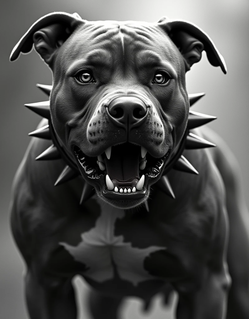pitbull dog, big teeth thin, anger, hatred, stark, pointy neck collar, 