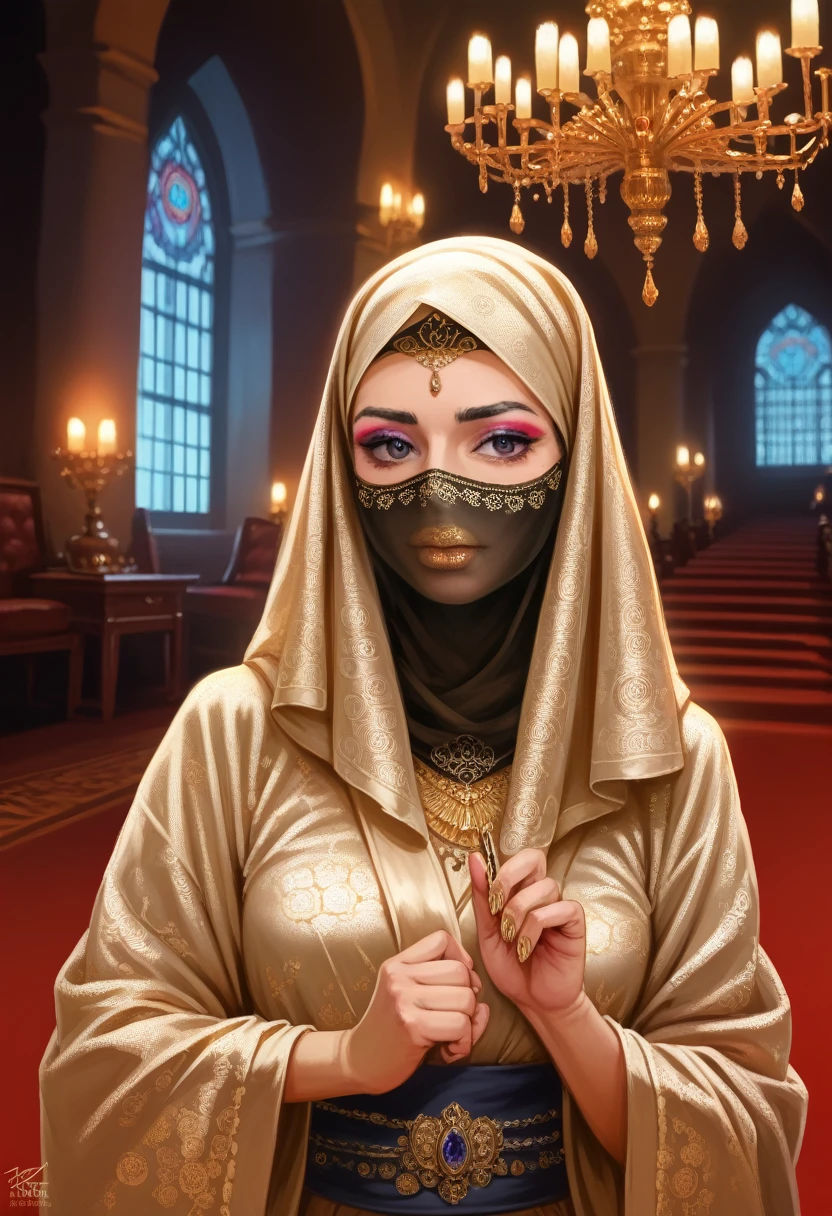 1 girl, ager, silk hijab, face veil, wearing gold lace kimono, Meiji restoration, polished nails, vibrant juicy lips, makeup, tattoos, setting on a big throne, inside a japanese castle, (best quality,4k,8k,highres,masterpiece:1.2),ultra-detailed,(realistic,photorealistic,photo-realistic:1.37),HDR,UHD,studio lighting,ultra-fine painting,sharp focus,physically-based rendering,extreme detail description,professional,vivid colors,bokeh,portraits,fantasy,cinematic lighting