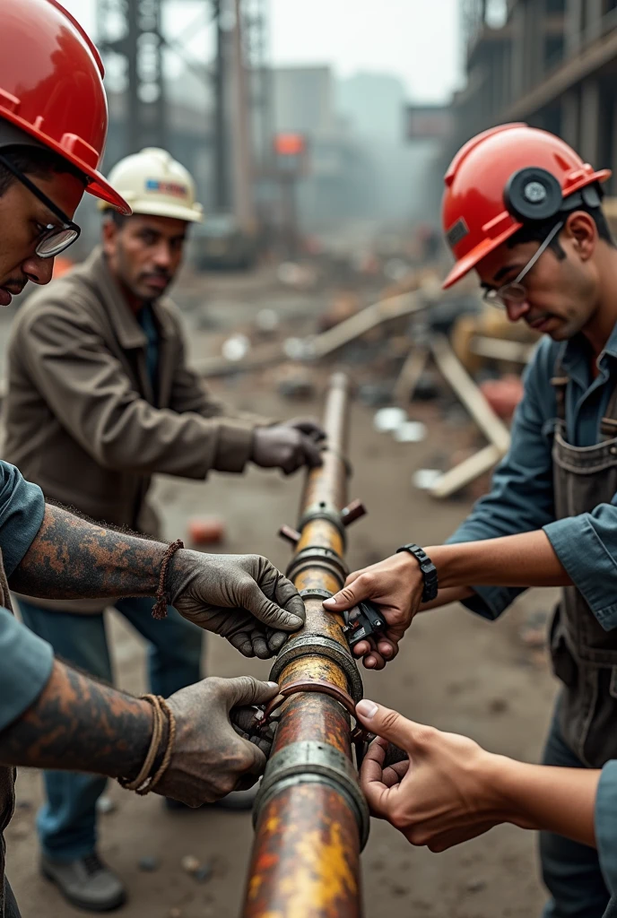 Image showing the disassembly of a cane after use on a construction site, with workers carefully dismantling parts of the structure, ready to be reused. 