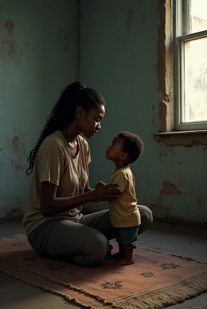 A young, poor black woman talking to her five-year-old brother in a poor, bedless room