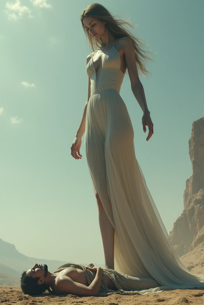 Pretty giant woman who measures 15 meters who puts her foot in the mouth of a man lying on the ground 