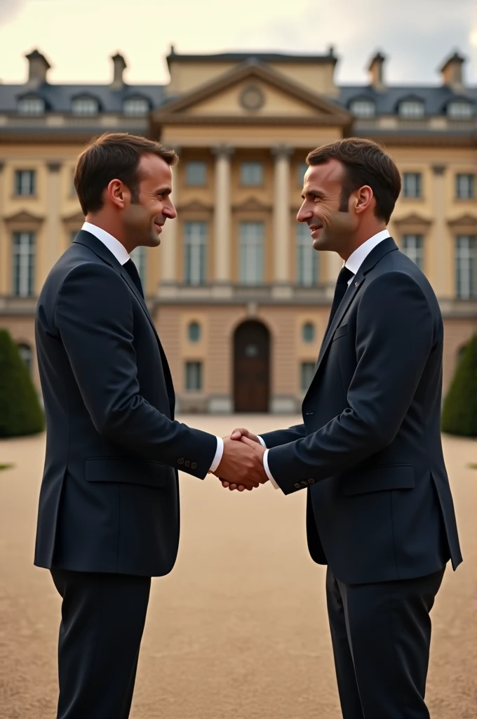 Macron shakes hands with Macron in front of the Élysée 