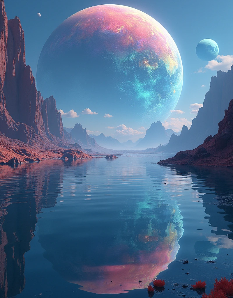 a view of'a planet with a reflection in the'water, beautiful background, Background'screen incroyable, alien world, fantastic planet, surreal space, alien planet, Beautiful alien landscape, an alien planet, Bwater Background'screen, Highly detailed 4K digital art, Several bright moons, beautiful alien landscape, Alien Dream Worlds, science fiction digital art, Work of'stunning art in 8000