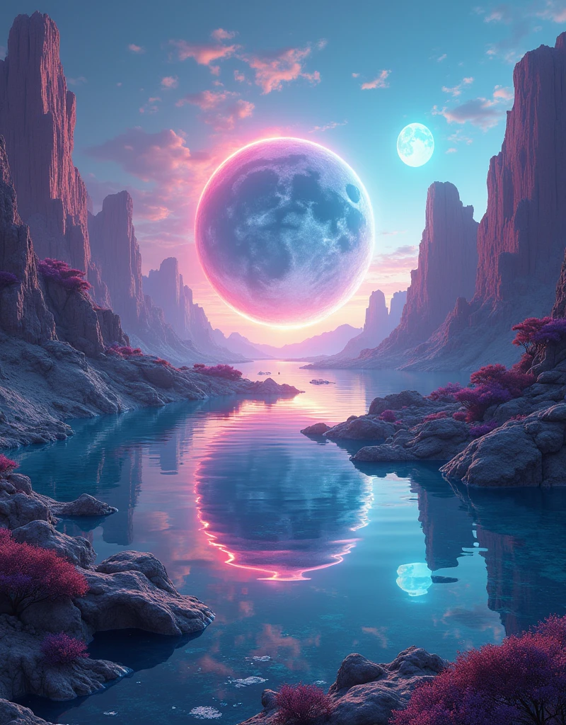 a view of&#39;a planet with a reflection in the&#39;water, beautiful background, Background&#39;screen incroyable, alien world, fantastic planet, surreal space, alien planet, Beautiful alien landscape, an alien planet, Bwater Background&#39;screen, Highly detailed 4K digital art, Several bright moons, beautiful alien landscape, Alien Dream Worlds, science fiction digital art, Work of&#39;stunning art in 8000