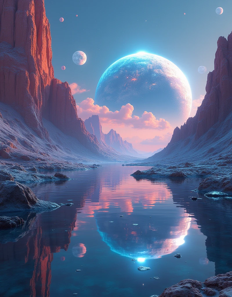 a view of'a planet with a reflection in the'water, beautiful background, Background'screen incroyable, alien world, fantastic planet, surreal space, alien planet, Beautiful alien landscape, an alien planet, Bwater Background'screen, Highly detailed 4K digital art, Several bright moons, beautiful alien landscape, Alien Dream Worlds, science fiction digital art, Work of'stunning art in 8000