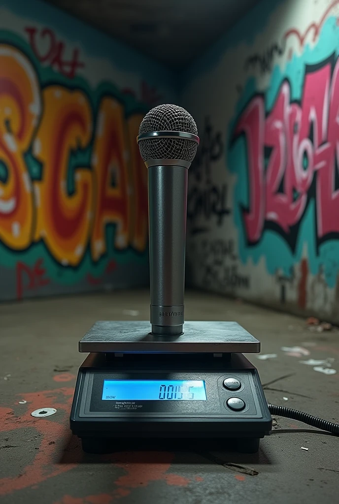Make a digital scale with a show microphone on top of it being weighed, with a very underground background all covered in graffiti