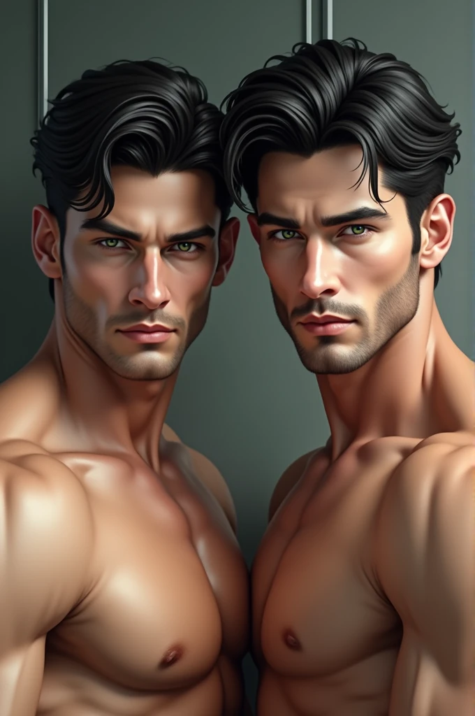2 man white skin, greenish gray eyes, muscular, very attractive black hair