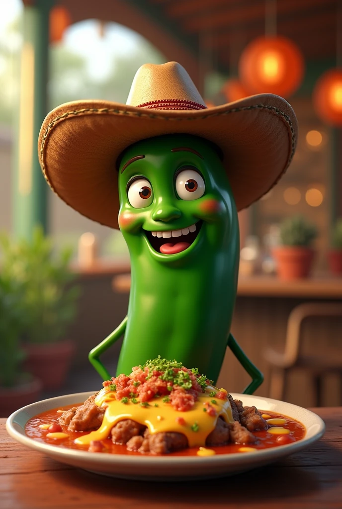 Jalapeño pepper with a cowboy hat happily eating some quesabirrias 