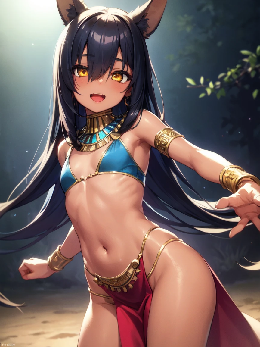 (SLE, mksks style, detailed background:1.1), (solo:1.3), girl, dark skin, ornate egyptian dress, long hair, black hair, beautiful hair, (hair over eye), yellow_eyes, happy,head tilt, volumetric lighting, (outdoor:1.3), egyptian, colorful, flat chest, female anubis, egyptian clothes, egyptian mythology, teen, lewd outfit, young, (young girl), (very yogirl), small girl,py outfit, midriff, nsfw, lewd, slutty facial expression, (dancing), open mouth, (dark skin), (pelvic curtain), dancer,