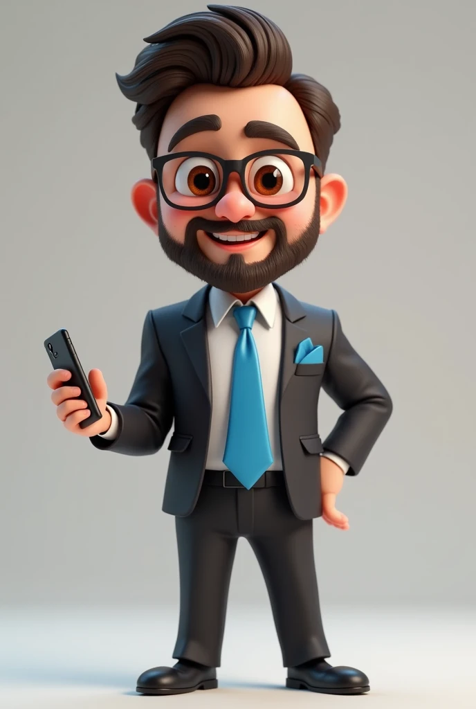 A full body 3D cartoon character. He has a friendly and charismatic appearance. The character is a young man with fair skin, dark brown hair, thick beard and eyebrows, large brown eyes and wears glasses. He is smiling confidently. The character is dressed formally, with a black suit, a blue tie and a handkerchief in the blue pocket that matches the tie. He has a cell phone in one hand and the other is pointing. Your relaxed posture suggests confidence and happiness. The background of the image is neutral, which highlights the character even more.