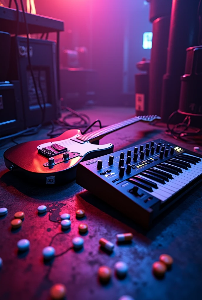Asthetic photo of electric guitar lying next to synthesizer on the floor of a nightclub with orange and white medicine pills on top with purple lighting and photo noise