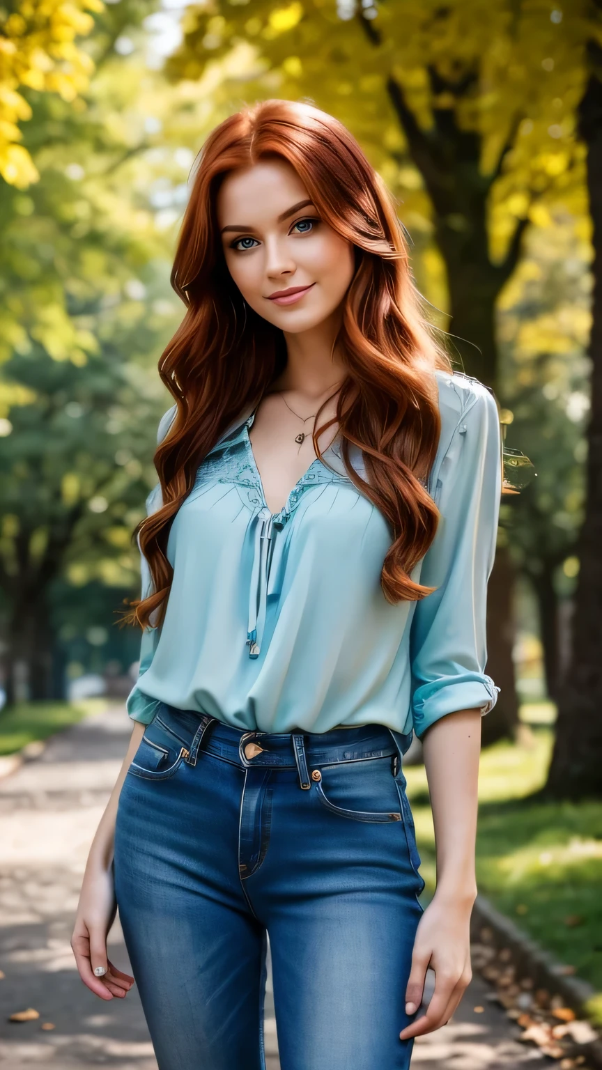 Realistic full body photo of a smiling, Young red-haired girl with long hair, She dances in front of the camera in a long, blue, tight blouse and tight jeans.., Park,glamour fotoshooting, Park, perfect anatomy, perfect green eyes. Perfect hands with 5 fingers on each hand, Matching girl, look into the camera, 1 Frau. (Eye make up:1.1), (highly detailed skin:1.1), spirit, analog style, keen focus, 8K  UHD, dslr, good quality, Fujifilm XT3, Grain, Award-winning, ​masterpiece. Park