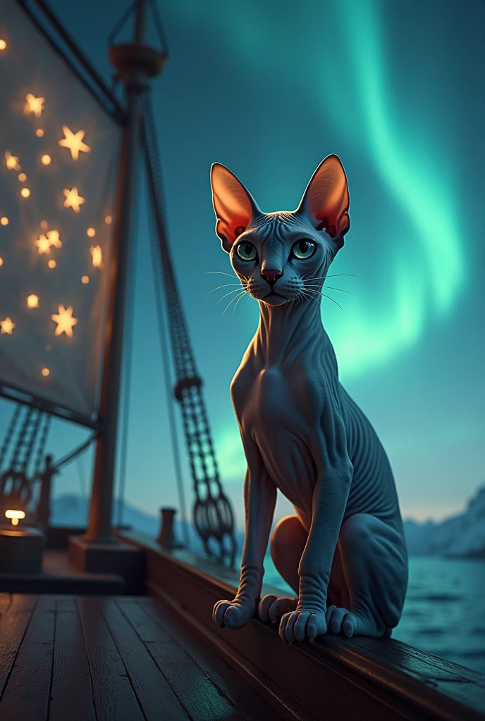Sphynx cat on a ship, sails of a ship made of stars, Northern Lights in the background 