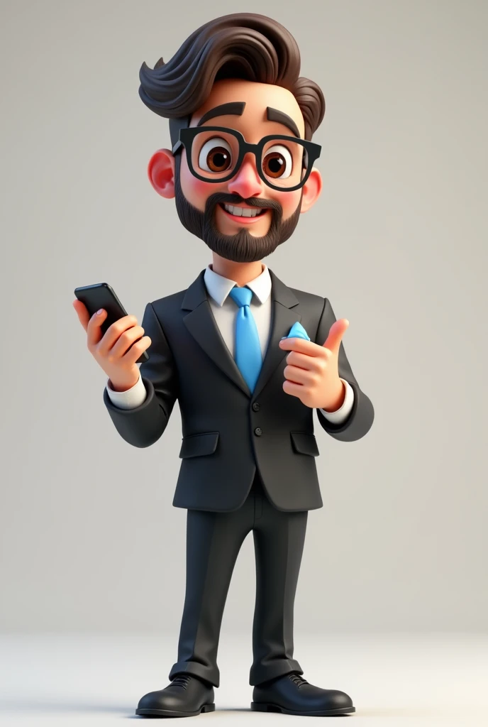 A full body 3D cartoon character. He has a friendly and charismatic appearance. The character is a young man with fair skin, dark brown hair, thick beard and eyebrows, large brown eyes and wears glasses. He is smiling confidently. The character is dressed formally, with a black suit, a blue tie and a handkerchief in the blue pocket that matches the tie. He has a cell phone in one hand and the other is pointing. Your relaxed posture suggests confidence and happiness. The background of the image is neutral, which highlights the character even more.