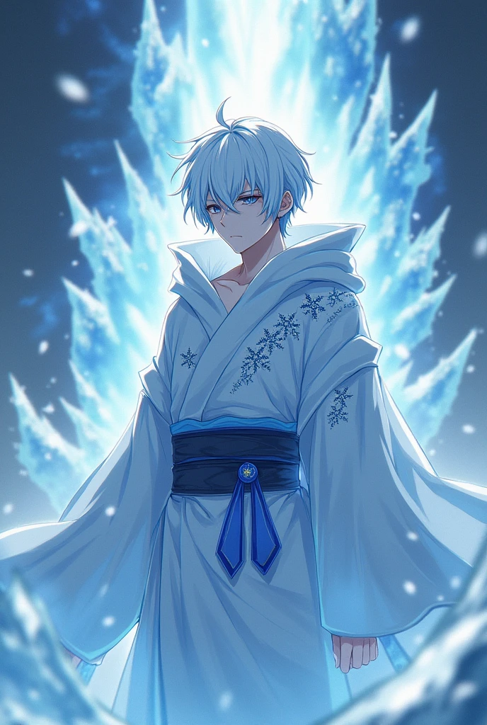 Create a short male character with short white hair and blue highlights, white kimono and ice details, on his face a sad expression, He is wearing a hood and emanating a vast amount of ice around him