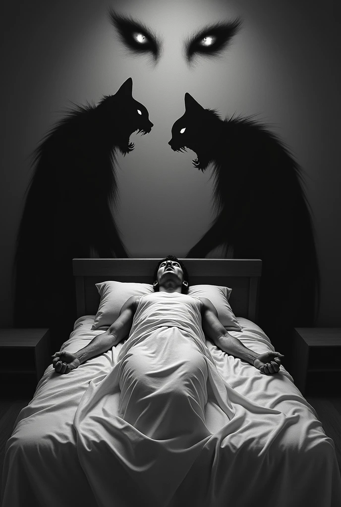 A man lying on a bed( completely covered by a sheet from head to toe) He seems to be tied by an invisible rope and on either side of him are two demonic shadows that seem to be talking to him. .
On the ceiling of the room you can see 2 cat eyes. The image looks dark..
The image is in black and white. The man seems to be screaming under the sheet.