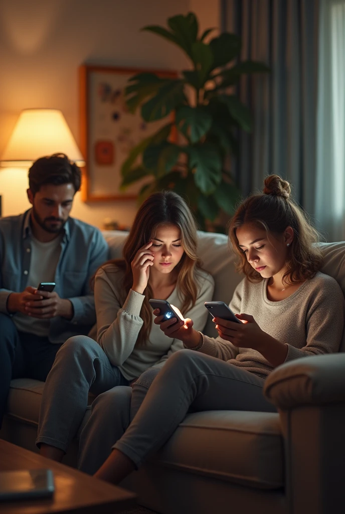 In a room, a mother is looking at the phone on a sofa, her daughter is smoking and looking at the phone, and her son-in-law is watching them on the other sofa.