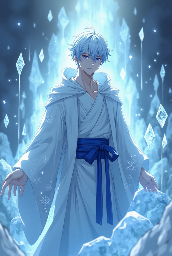 Create a short male character with short white hair and blue highlights, white kimono and ice details, on his face a sad expression, He is wearing a hood and emanating a vast amount of ice around him