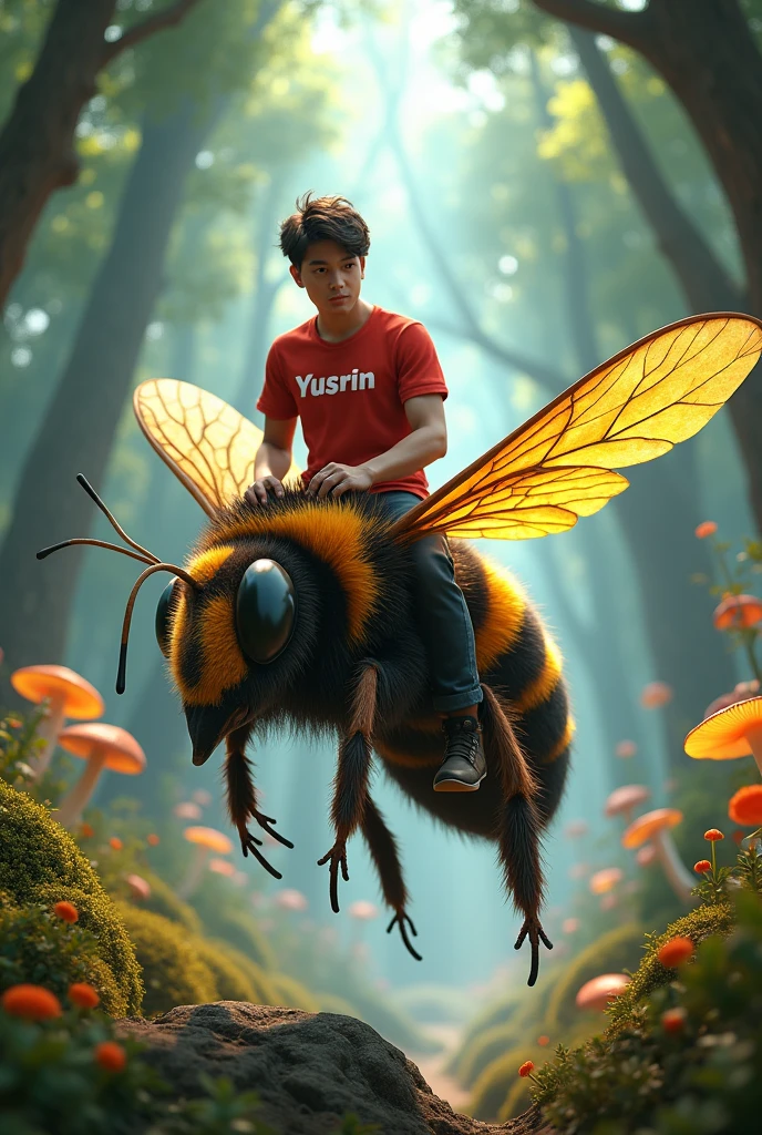 A man 2 wearing a red t-shirt with lebeled Yusrin rides bee against a fantasy forest background 3d
