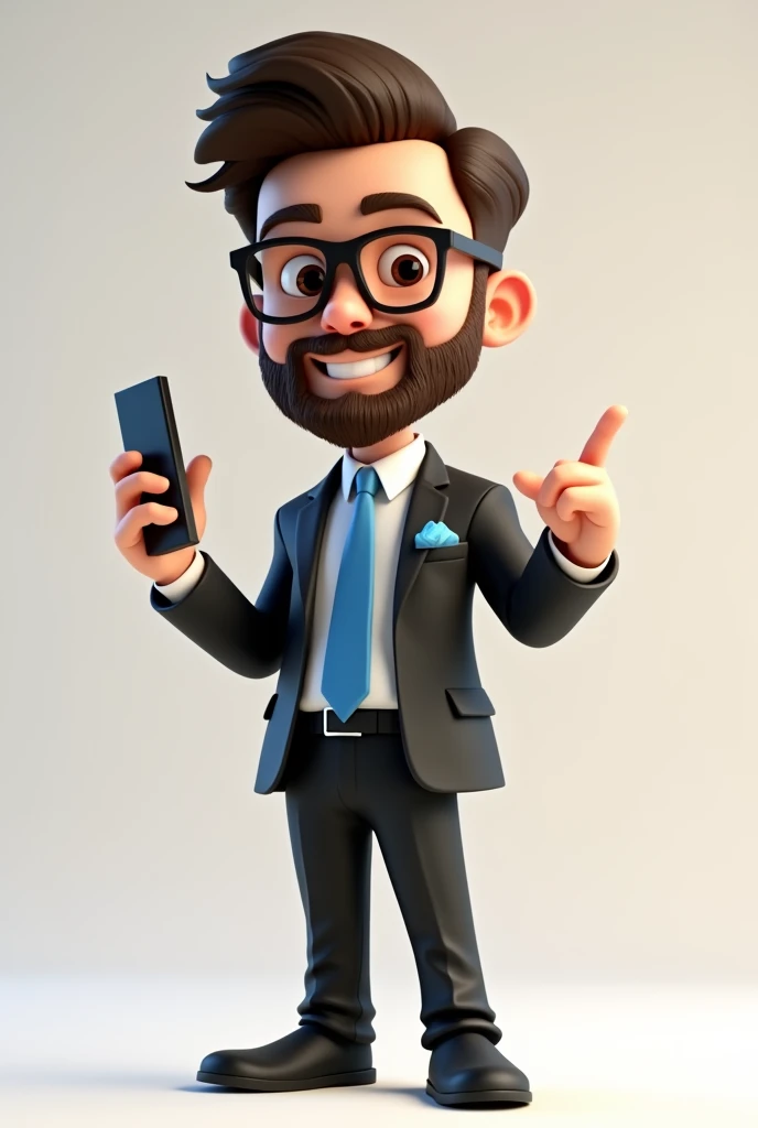 A full body 3D cartoon character. He has a friendly and charismatic appearance. The character is a young man with fair skin, dark brown hair, thick beard and eyebrows, large brown eyes and wears glasses. He is smiling confidently. The character is dressed formally, with a black suit, a blue tie and a handkerchief in the blue pocket that matches the tie. He has a cell phone in one hand and the other is pointing. Your relaxed posture suggests confidence and happiness. The background of the image is neutral, which highlights the character even more.