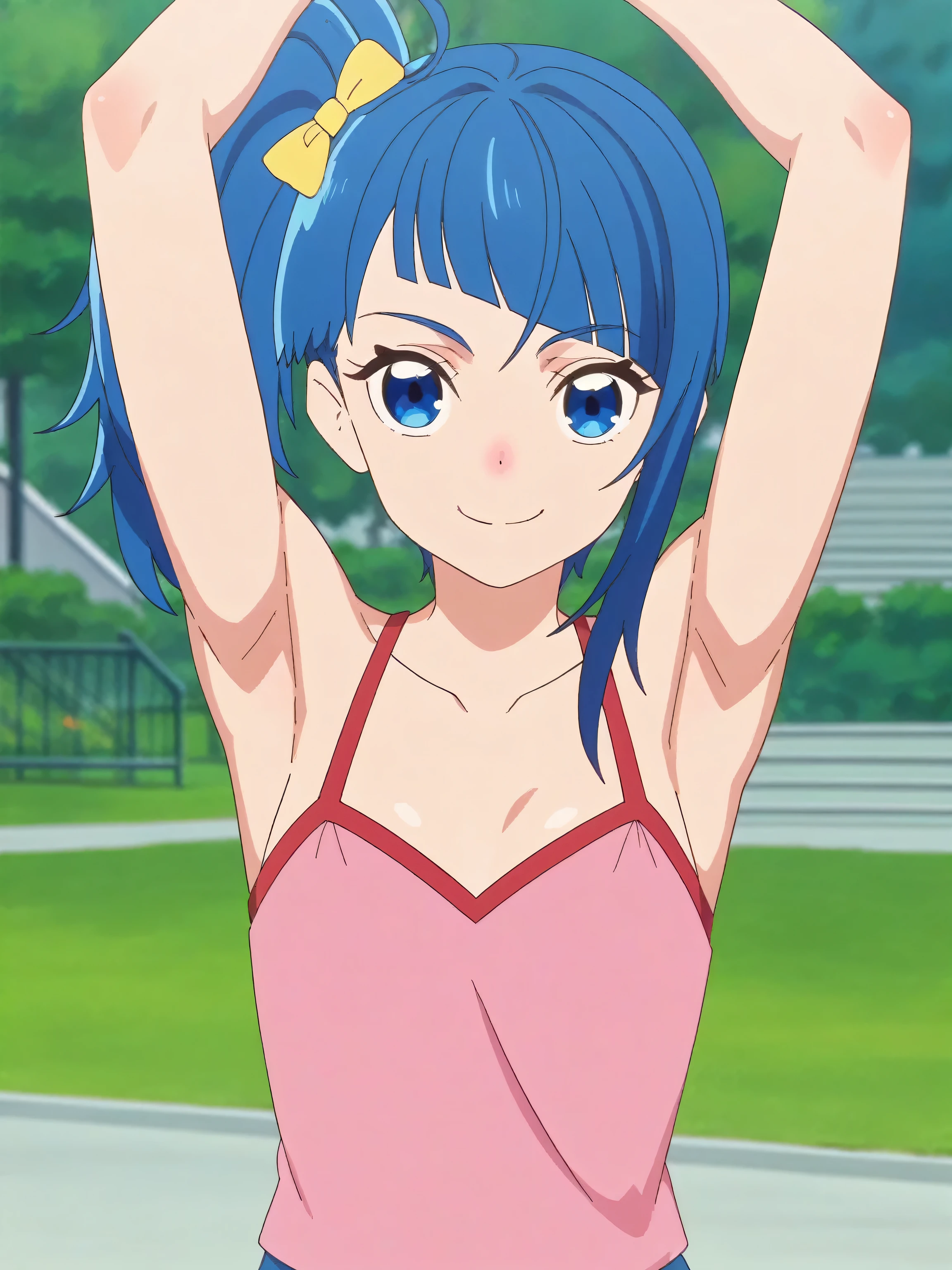 score_9, score_8_up, score_7_up, source_anime, anime screencap, 1girl, solo, outdoors, park, day, Sora Harewataru, blue eyes, blue hair, side ponytail, yellow bow, camisole, pink camisole, straps, spaghetti straps, red straps, collarbone, bare shoulders, bare arms, looking at viewer, eye contact with viewer, smile, closed mouth, arms behind head, armpits, in the center, symmetrical,