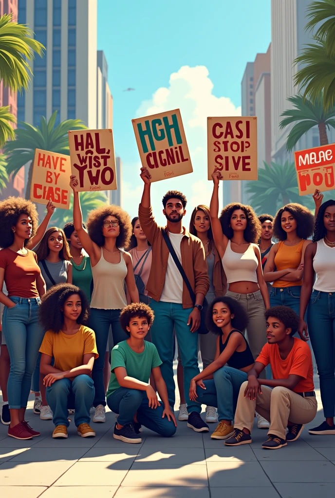 A group of people from different backgrounds, holding signs that say "equality", "Freedom", "justice"