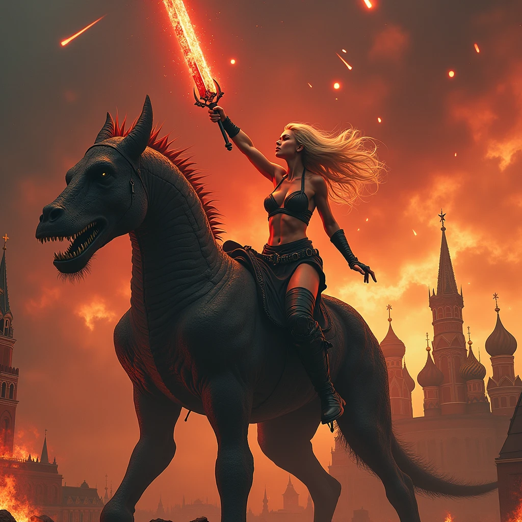 full-length sexy a fierce, blonde warrior with muscular body rides atop a colossal, hybrid creature—a fusion of skeleton - dragon muscle and intricate machinery. Her untamed hair flows wildly as she raises a gleaming burning with red hellfire sword high, her dark leather, big breasts, naked body, beautiful detailed eyes , beautiful detailed lips, very detailed face and body, over the Burning Ruins of the Moscow Kremlin and Red Square below is a picture of burning ruins, and above in the sky a meteorite fiery rain, crimson sky, in the style of Boris Vallejo ((masterpiece, top quality, Highest image quality, High resolution, Photorealistic, RAW photo, 8K)), ((extremely detailed CG wallpaper unified 8k)), (Huge stunning shot of the goddess, Very hot and sexy, stunning beauty, Ideal proportions, Beautiful body, Slim body, beauty:1.4) caption: "KlausLoki" is indicated in the down right corner of the picture