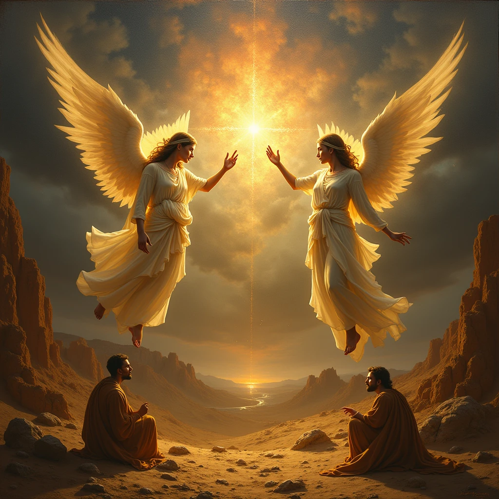 biblical scenes where angels appear as messengers._
two angels are sent to destroy Sodom and Gomorrah, but before, they rescue Lot and his family. These angels are not just messengers, but also executors of God&#39;s will. And in Daniel 10, we find an angel who was sent to bring a vision to Daniel, but was delayed for 21 days because he was fighting the &#39;prince of the kingdom of Persia&#39;. This reveals that angels are also involved in spiritual battles that we do not always realize.."