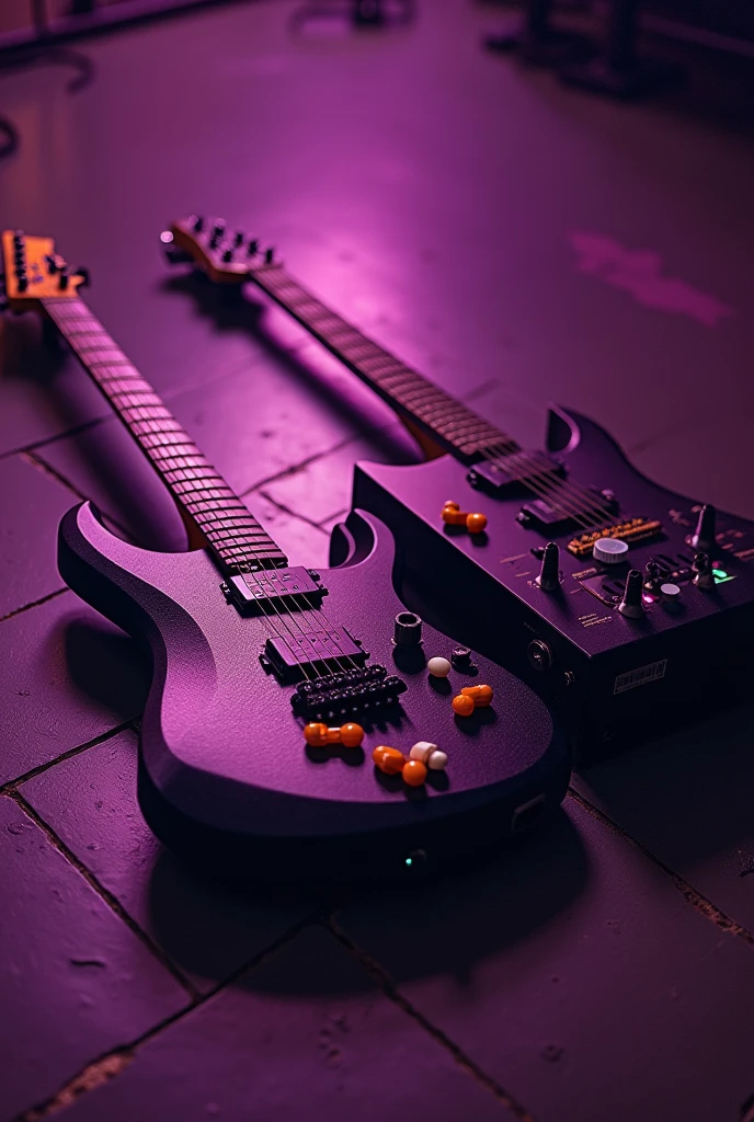 Asthetic photo with purple tones of electric guitar lying next to synthesizer on the floor of a nightclub with orange and white medicine pills on top with purple lighting and photo noise