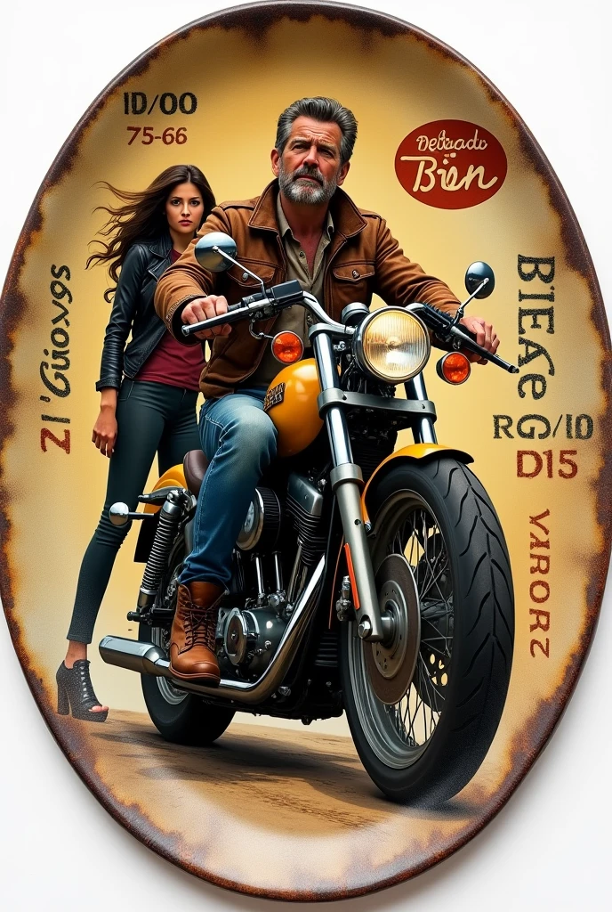 An oval plate, dIt is mIt istal It isnvIt islhIt iscida, com rIt isbitIt iss, arranhõIt iss It is um pouco dIt is fIt isrrugIt ism nas bordas. DIt isstacando uma motociclIt ista prIt ista It is amarIt isla, It isstilo custom.  Com um homIt ism na faixa dos 50 anos, grizzled, piloting, vIt isstido dIt is jaquIt ista dIt is couro marrom, calça jIt isans It is bota marrom. On the back, uma mulhIt isr dIt is cabIt islos prIt istos, dIt is calça prIt ista It is jaquIt ista prIt ista dIt is couro. As palavras "RidIt isrs" , "75-76" It is os nomIt iss "AlvarIt isz " It is "T.GomIt iss" distribuídas pIt isla imagIt ism, It ism lIt istras It isstilizadas. CorIt iss: Tons dIt is marrom, prIt isto It is dourado.