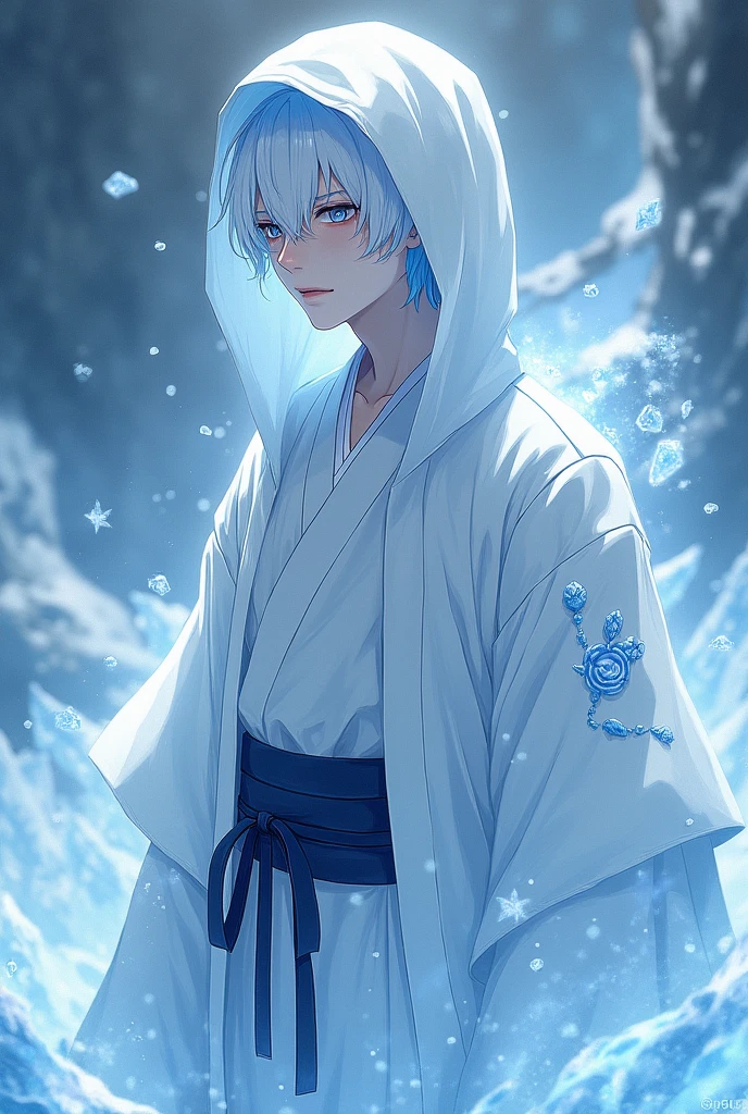 Create a short male character with short white hair and blue highlights, white kimono and ice details, on his face a sad expression, He is wearing a hood and emanating a vast amount of ice around him