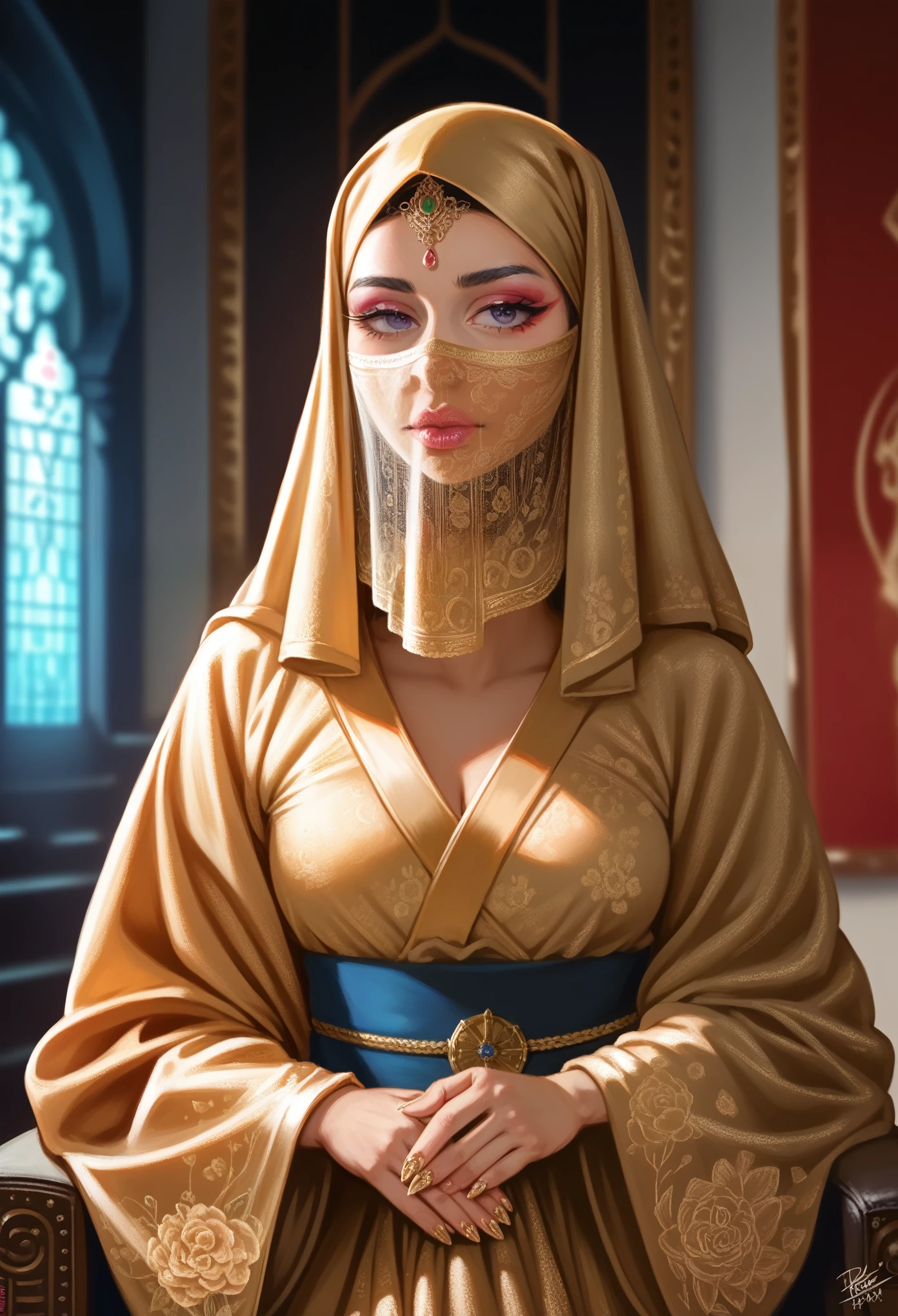 1 girl, teenager, silk hijab, face veil, wearing gold lace kimono, Meiji restoration, polished nails, vibrant juicy lips, makeup, tattoos, setting on a big throne, inside a japanese castle, (best quality,4k,8k,highres,masterpiece:1.2),ultra-detailed,(realistic,photorealistic,photo-realistic:1.37),HDR,UHD,studio lighting,ultra-fine painting,sharp focus,physically-based rendering,extreme detail description,professional,vivid colors,bokeh,portraits,fantasy,cinematic lighting